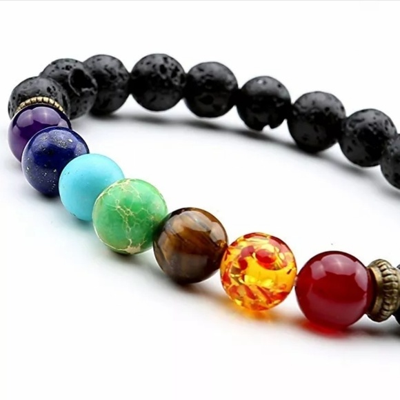 New 7 Chakra Black Agate Lava Rock Healing Bracelet - Picture 5 of 6